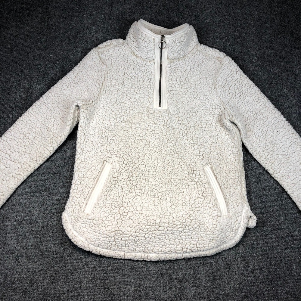 Cozy Sherpa Pullover Fleece Jacket‎ White Cream Size S Pockets Quarter Zip